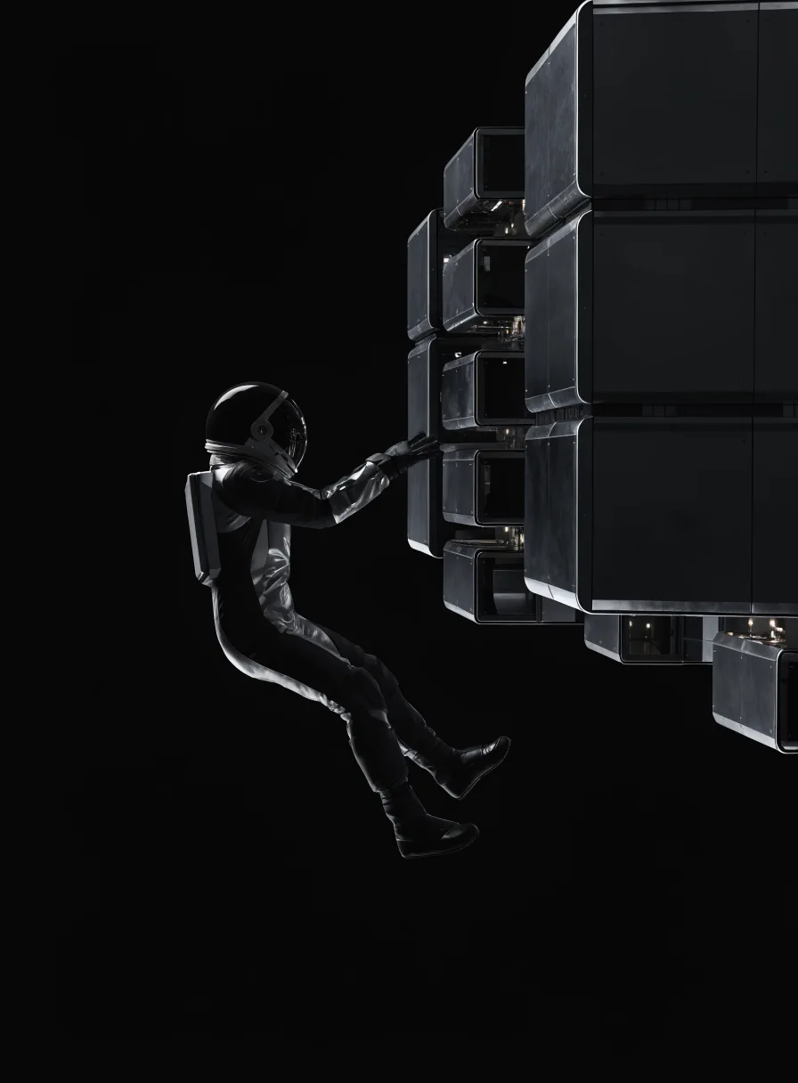 Astronauta reparando un satélite que representa construcción precisa de sistemas digitales