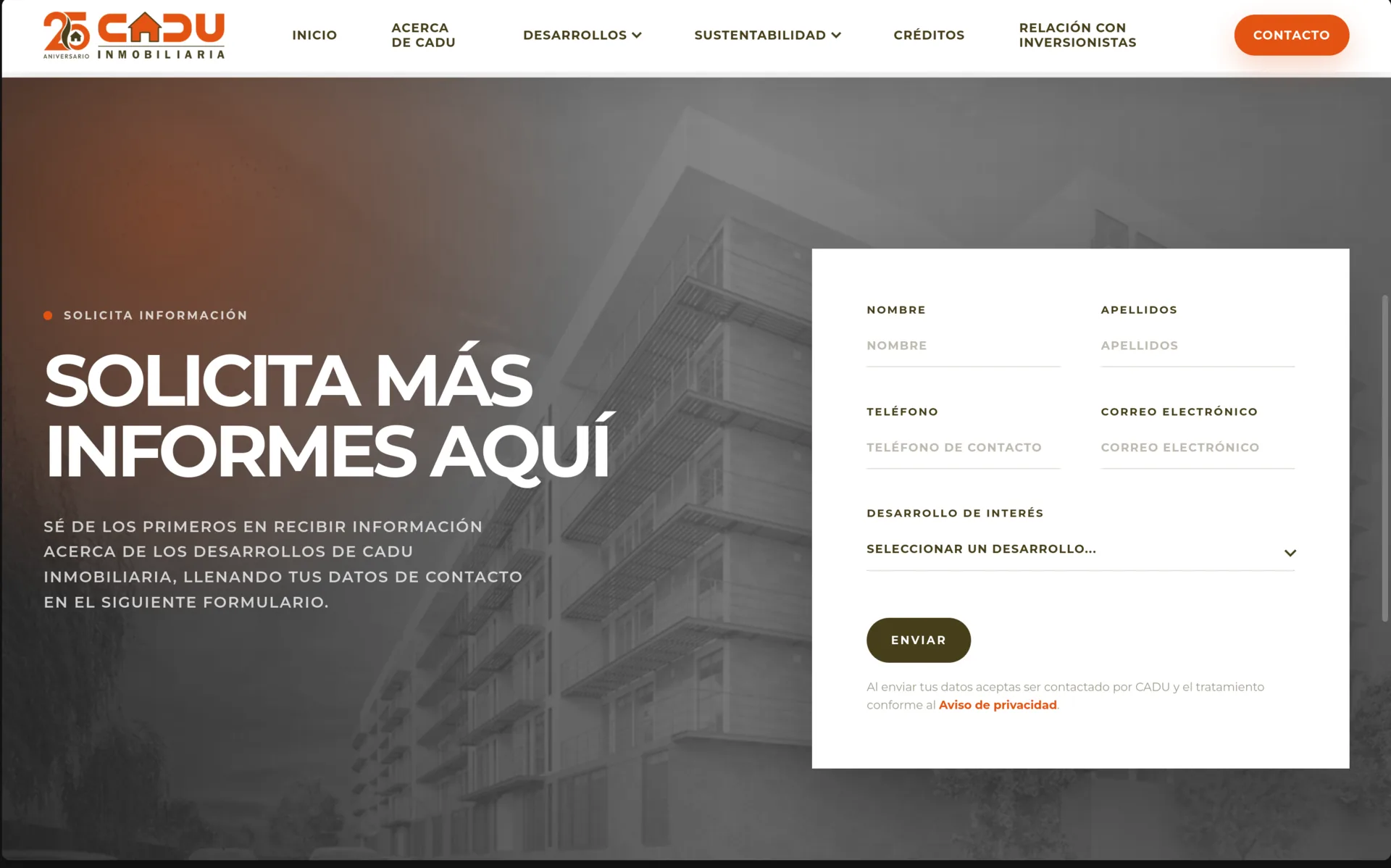 Captura de escritorio de Cadu Inmobiliaria: Formulario de contacto