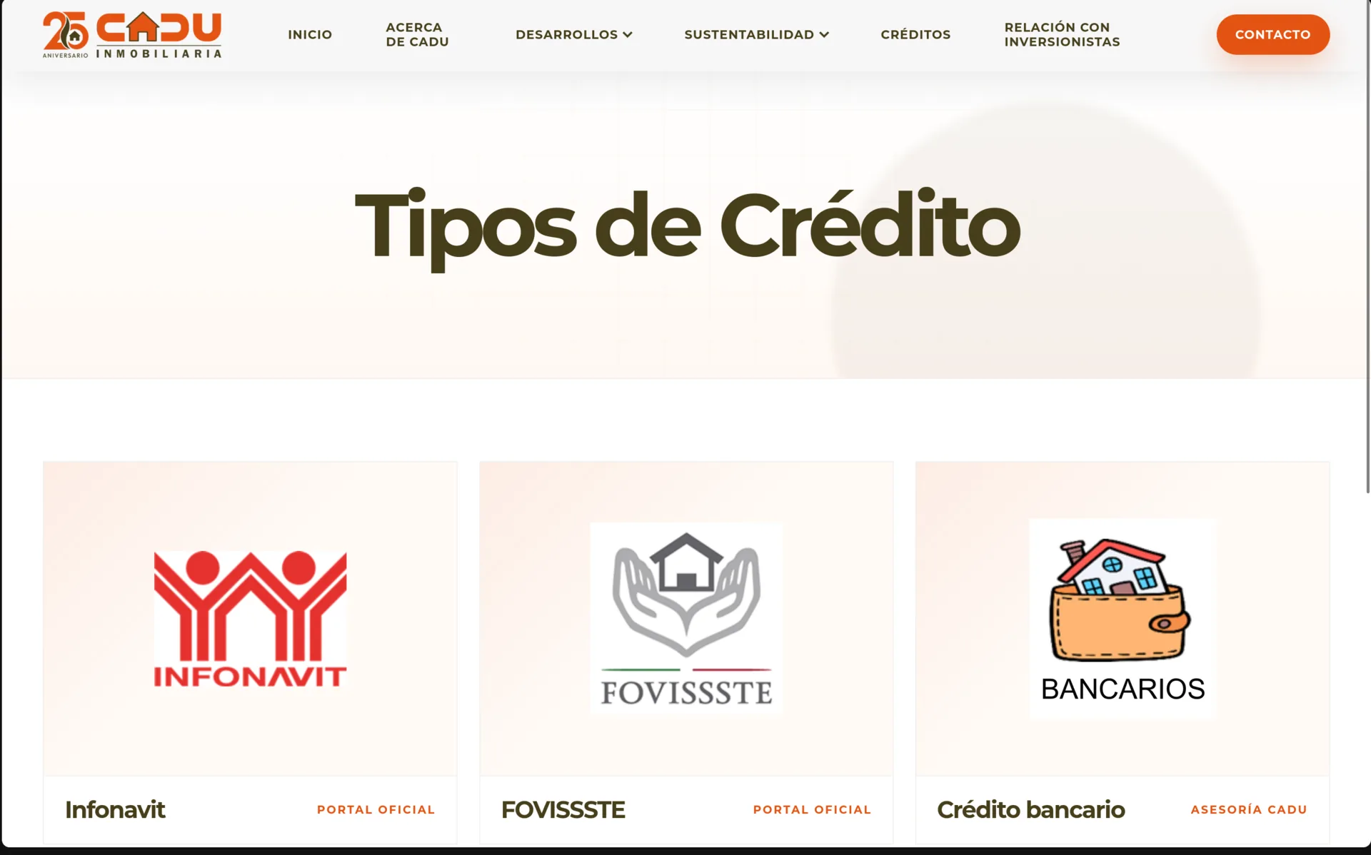 Captura de escritorio de Cadu Inmobiliaria: Tipos de crédito
