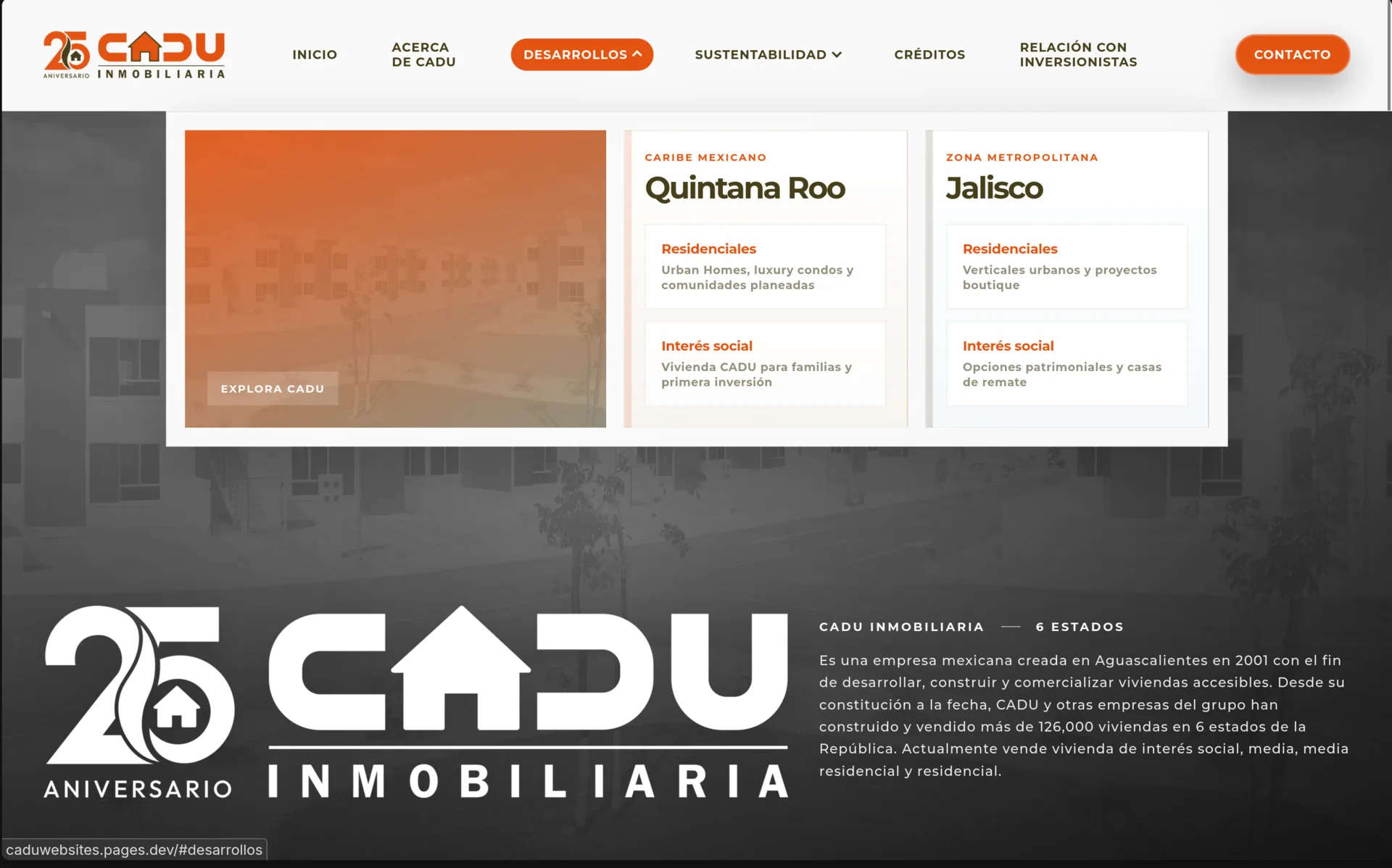 Detalle de Cadu Inmobiliaria: Megamenú de desarrollos