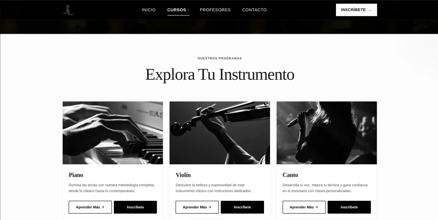 Vista de escritorio de Academia Claroscuro: Nuestros Cursos