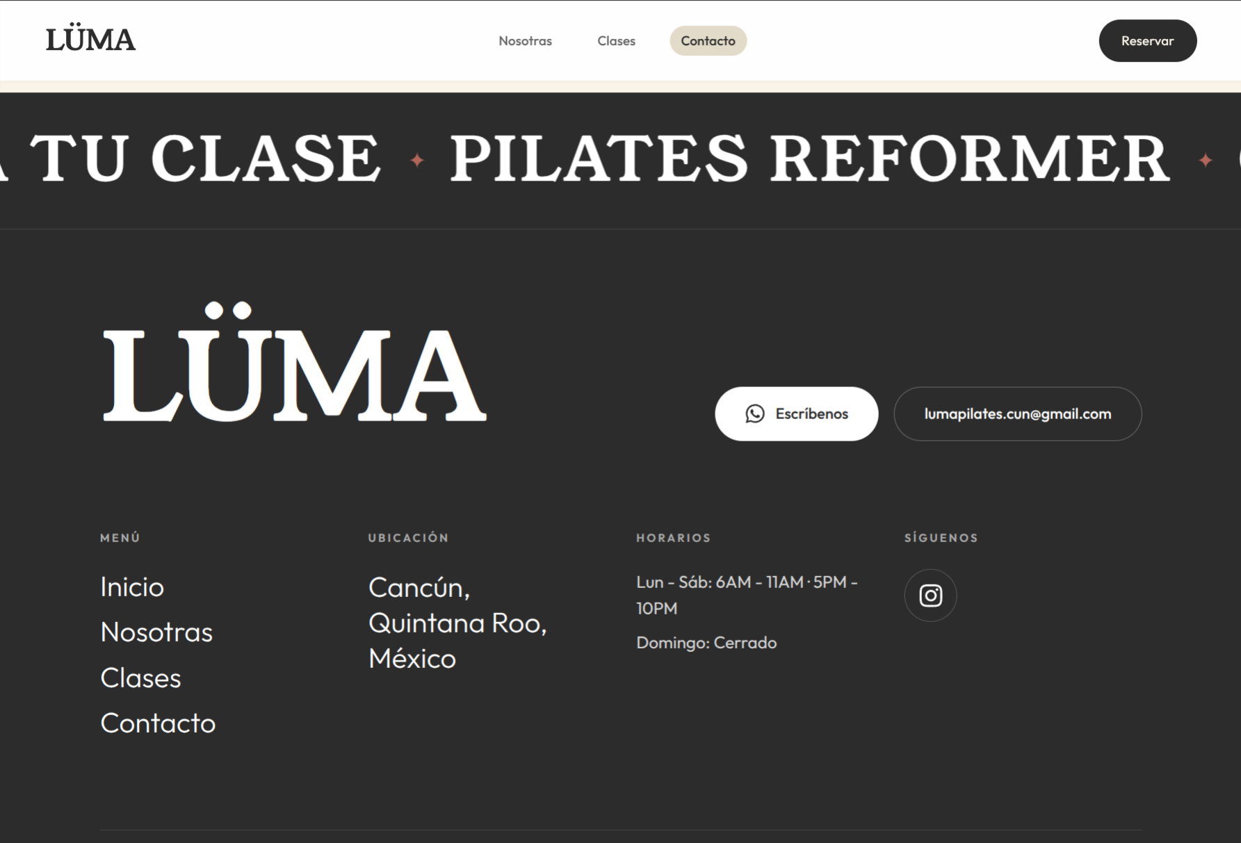 Captura de escritorio de LÜMA Pilates: Footer y Contacto